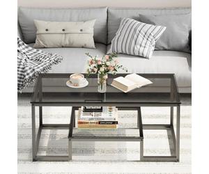 Huhote Modern 2 Tier Coffee Table Grey Glass With Black Metal Frame 39.3 X 18.8 X 17.7 In For Living Room Bedroom Office