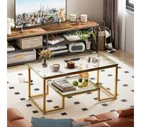 Huhote Modern 2 Tier Glass Coffee Table With Gold Metal Frame 39.3 X 18.8 X 17.7 Inch For Living Room Bedroom Office