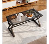 Huhote Modern Open Design Rectangular Grey Glass Coffee Table Black Metal Frame 39X19X18 In End Side Table Beside Table For Home
