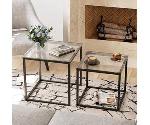Huhote Nesting Tables 2 Set Glass Top Metal Frame End Table for Living Room in Black Huhote Black