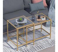 Huhote Nesting Tables 2 Set Glass Top Metal Frame End Table for Living Room in Gold Huhote Gold