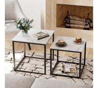 Huhote Nesting Tables 2 Set With Metal Frame White Marble Finish Top 50/45 Cm For Living Room Bedroom Balcony Office Coffee Table