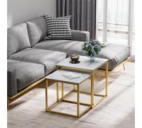 Huhote Nesting Tables 2 Set With Metal Frame White Marble Finish Top 50/45 Cm For Living Room Bedroom Balcony Office Coffee Table