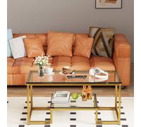 Huhote Rectangular 2-Tier Coffee Table Glass Top Metal Frame 39.3x18.8x17.7in in Gold Huhote Gold