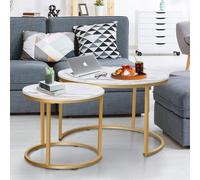 Huhote Round Nesting Coffee End Table Metal Frame Marble Finish 2 Set in Gold Huhote Gold