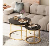 Huhote Round Nesting Coffee Tables 2 Set With Metal Frame Black Top 23.6/15.7 In For Living Room Bedroom Balcony Side End Table
