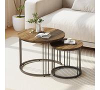 Huhote Round Nesting Coffee Tables with Metal Frame End Side Table 2 Set in Brown Huhote Brown