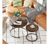 Huhote Round Nesting Side End Table 2 Set Coffee Tables Metal Frame for Home in Brown Huhote Brown