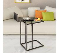 Huhote Sl Shaped End Table with Glass Top & Metal Frame in Black Huhote Black