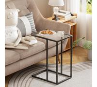 Huhote Sleek C Shaped Glass End Table With Metal Frame For Living Room And Bedroom