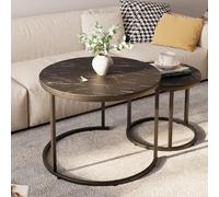 Huhote Sleek Nesting Coffee Tables Set Of 2 With Black Metal Frame And Marble Finish 23.6/15.7 Inch