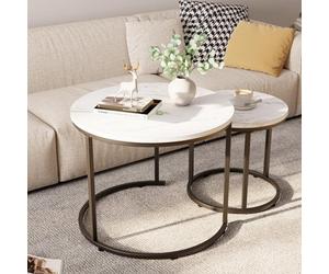 Huhote Sleek Round Coffee Table 2 Set Nesting Side Tables With Black Metal Frame End Table For Home Office Diameter 23.6/15.7 In