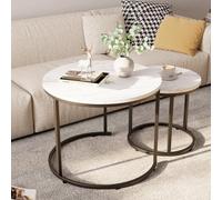 Huhote Sleek Round Coffee Tables Set Of 2 Nesting Side Tables With Metal Frame And Marble Finish