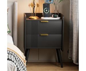 Huhote Sleek Wooden Bedside Table With 2 Drawers And Storage Black 16.3 X 11.8 X 22.8 In Nightstand Bedside Cabinet