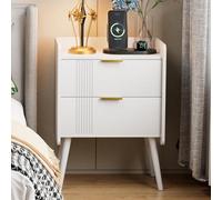 Huhote Sleek Wooden Bedside Table With 2 Drawers And Storage In White
