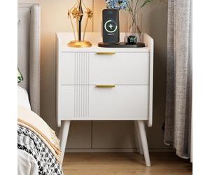 Huhote Sleek Wooden Bedside Table With 2 Drawers And Storage In White
