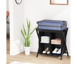 Huhote Sturdy Metal Luggage Rack With 2 Tiers Black Folding Suitcase Stand With Storage For Home Bedroom Portable Luggage Racks