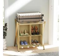 Huhote Sturdy Metal Luggage Rack With 2 Tiers Gold Folding Suitcase Stand With Storage For Home Bedroom Portable Luggage Racks