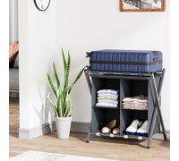 Huhote Sturdy Metal Luggage Rack With 2 Tiers Grey Folding Suitcase Stand With Storage For Home Bedroom Portable Luggage Racks