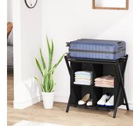 Huhote Stylish Luggage Rack With Storage 2 Tier Metal Folding Suitcase Stand in Black Huhote Black