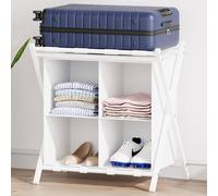 Huhote Stylish Luggage Rack With Storage 2 Tier Metal Folding Suitcase Stand in White Huhote White
