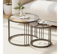 Huhote Stylish Round Coffee Table Set Of 2 Nesting Tables With Metal Frame Black And Clear Glass 23.6 And 15.7 Inch