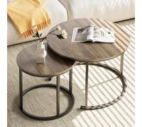 Huhote Stylish Round Coffee Tables Set Of 2 Nesting Tables With Metal Frame And Oak Top Black 23.6/15.7 Inch