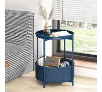 Huhote Stylish Round Side Table With 2 Tiers And Fabric Basket In Blue