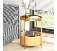 Huhote Stylish Round Side Table With 2 Tiers And Fabric Basket In Gold