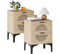 Huhote Stylish Set Of 2 Boho Bedside Tables With Rattan Drawers And Storage