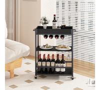 Huhote Three Tier Black Rolling Bar Cart With Wine Rack Handle And Wheels