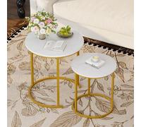 Huhote Two Piece Nesting Round Side Coffee Tables With Gold Metal Frame And White Wood Marble Finish Top Diameter 18.89 Inches