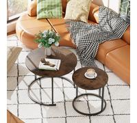 Huhote Two Piece Nesting Round Side Tables With Black Metal Frame And Brown Top Diameter 23.6 And 15.7 In Coffee Table End Table