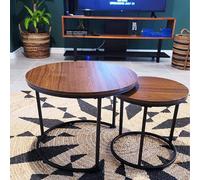 Huhote Two Piece Nesting Round Side Tables With Black Metal Frame And Dark Brown Top Diameter 23.6 And 15.7 Inches