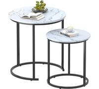 Huhote Two Piece Nesting Round Side Tables With Black Metal Frame And White Wood Marble Finish Top Diameter 18.89 Inches