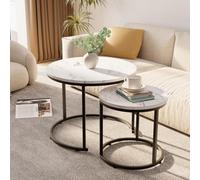 Huhote Two Piece Nesting Round Side Tables With Black Metal Frame And White Wood Marble Finish Top Diameter 23.6 And 15.7 Inches
