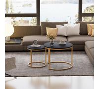 Huhote Two Piece Nesting Round Side Tables With Gold Metal Frame And Black Top Diameter 23.6 And 15.7 Inches