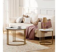 Huhote Two Piece Nesting Round Side Tables With Gold Metal Frame And White Marble Finish Top Diameter 23.6 And 15.7 Inches