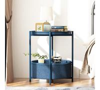 Huhote Two Tier Blue Round End Table With Fabric Storage Basket Bedside Nightstand For Small Space