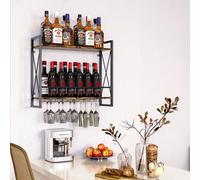 Huhote Two Tier Brown Rustic Wood And Iron Wall Mounted Wine Bottle And Stemware Glass Rack Holder