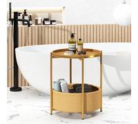 Huhote Two Tier Gold Round End Table With Fabric Storage Basket Bedside Nightstand For Small Space