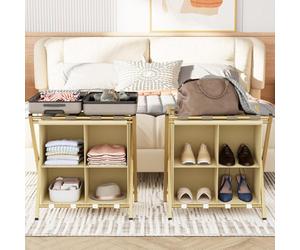 Huhote Two Tier Metal Folding Luggage Rack Stand With Storage 2 X Gold Suitcase Stands For Home Hotel Suitcase Holders