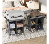 Huhote Two Tier Metal Folding Luggage Rack Stand With Storage 2 X Grey Suitcase Stands For Home Hotel Suitcase Holders