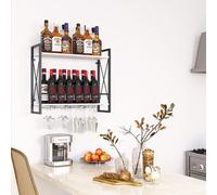 Huhote Two Tier White Rustic Wood And Iron Wall Mounted Wine Bottle And Stemware Glass Rack Holder