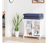 Huhote White Two Tier Metal Folding Luggage Rack With Storage And Shoe Rack Portable Suitcase Stand For Home Bedroom