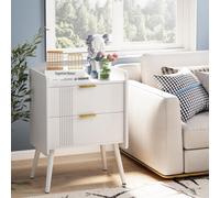 Huhote White Wooden Two Drawer Bedside Nightstand Cabinet With Two Tier Storage And Wooden Legs 16.3X11.8X22.8 Inches