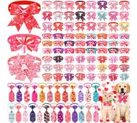 Huhumy 100 Pcs Valentine's Day Dog Bow Tie Collar Bulk Valentine's Day Dog Bow Tie Adjustable Heart Puppy Neckties Collars for Small Medium Pet Grooming Accessories Puppy Supply