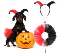 Huhumy 2 Pcs Halloween Clown Dog Costume Set Joker Dog Pet Cosplay Accessories Black Red Skirt Headband Outfit Set Funny Clothes for Puppy Dogs for Halloween Cosplay Party Favors