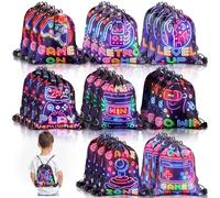 Huhumy 24 Pcs Video Game Party Favor Neon Game Drawstring Bags 12 x 10 Inch Video Theme Gifts Goodie Treat Candy Bags Party Supplies for Boys Girls for Kid Birthday
