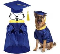 Huhumy 3 Pcs Dog Graduation Costume Set Include Pet Graduation Gown Adjustable Puppy Grad Cap with Gold Tassel Lensless Glasses for Dogs Cats Holiday Costume Accessory(Royal Blue,XL)